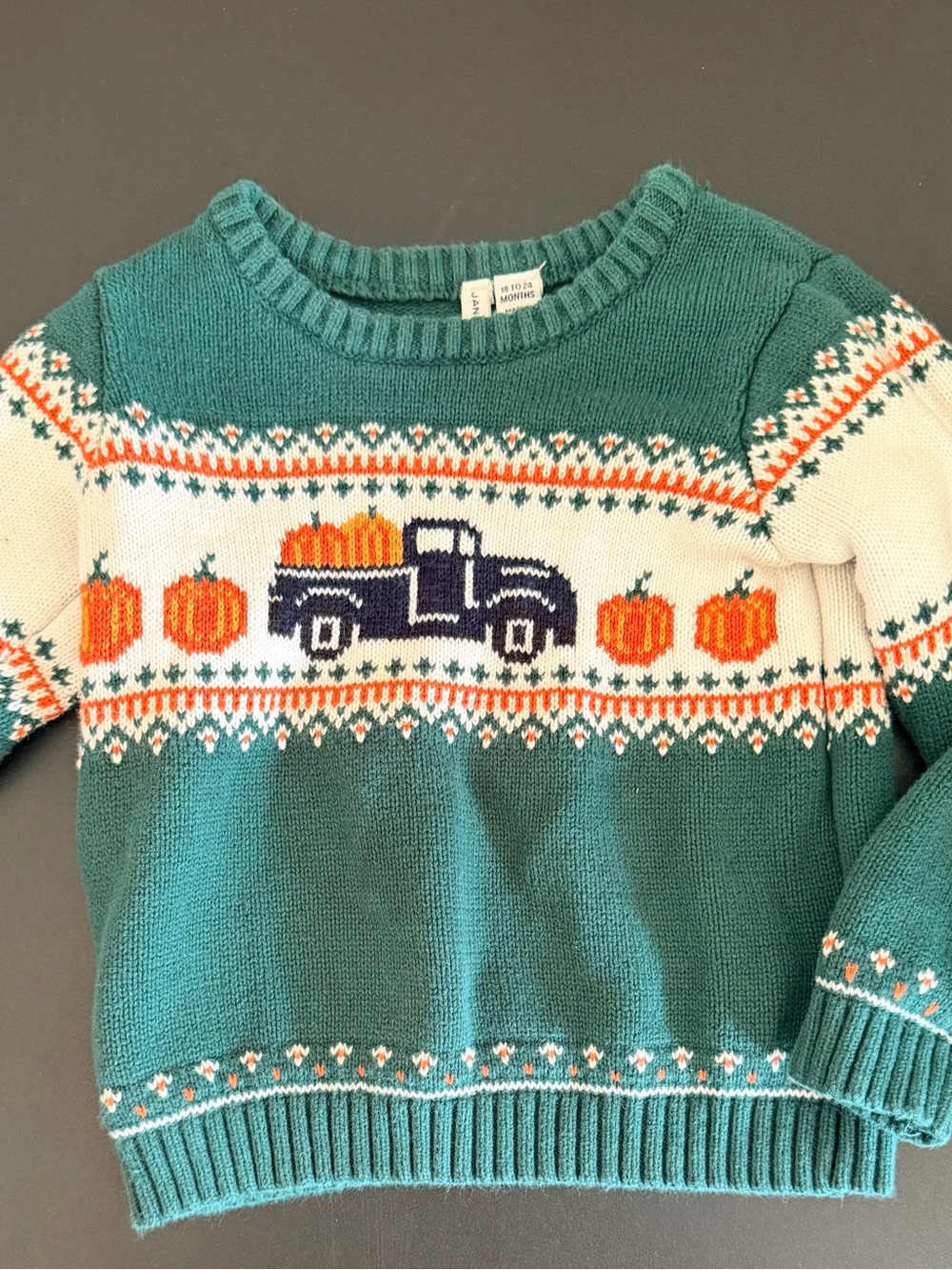 Janie and Jack Green Knit Sweater with Truck and Orange Pumpkins